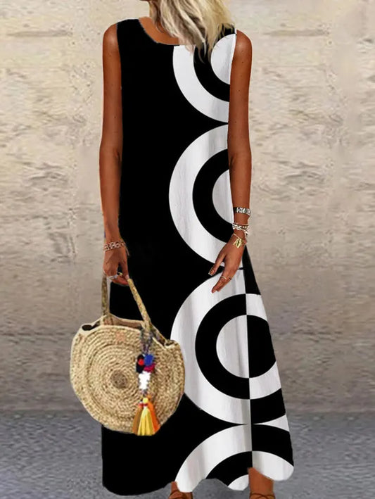 Loose Casual Color Block Crew Neck Maxi Dress