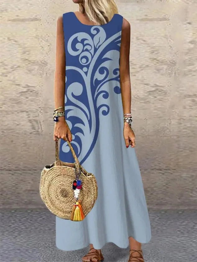 Loose Casual Color Block Crew Neck Maxi Dress